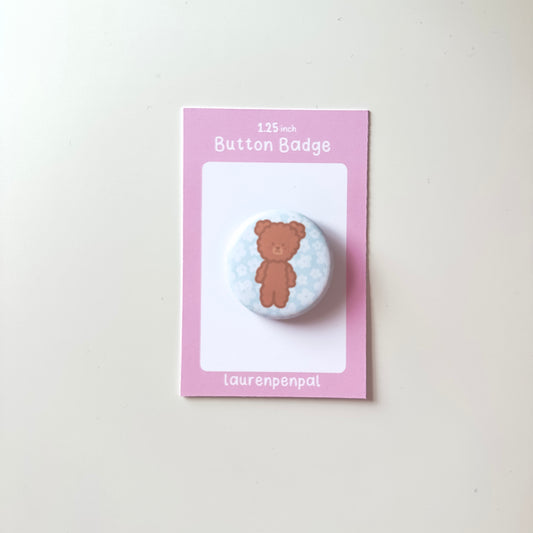 Bear Blue Floral Button Badge